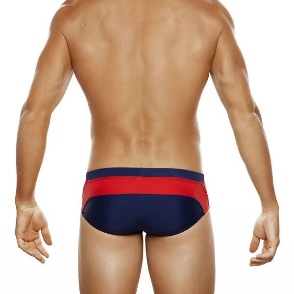 Navy Swim Briefs with Red Double Stripes