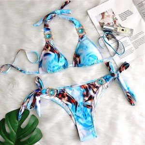 Blue Cheetah Gem & Crystal Bikini with Tie Sides