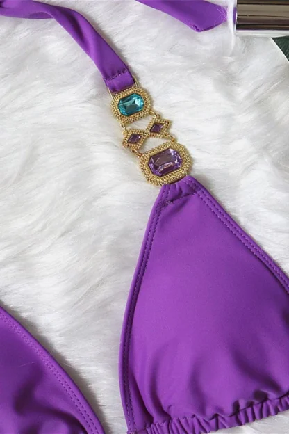 Bikini with Gems and Gold Chains in Purple