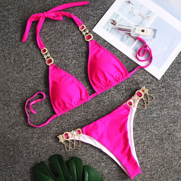 Bikini With Gems And Gold Chains In Rose Pink