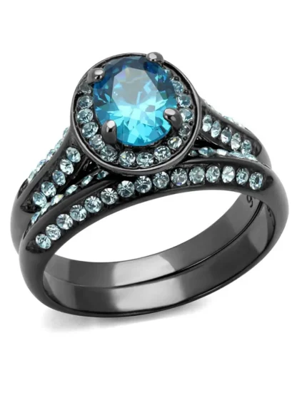 Black Stainless Steel Ring with CZ Stones in Sea Blue