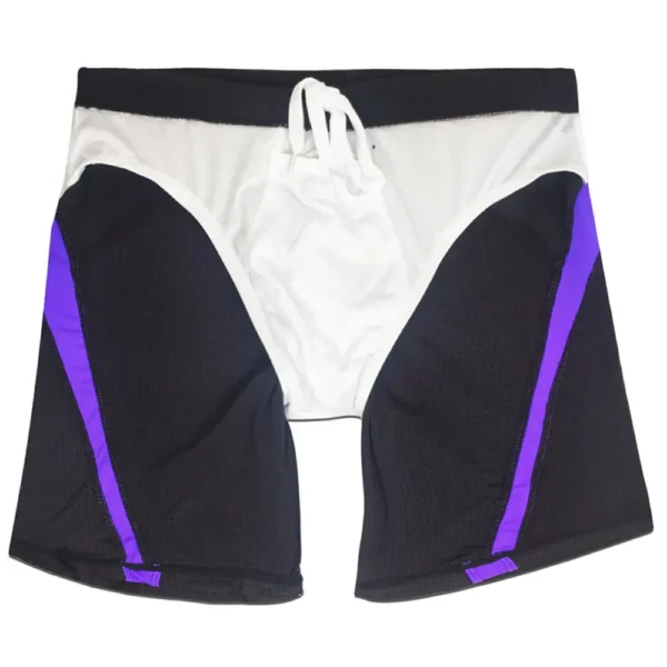 Black Tight Fit Swim Trunks with Purple Stripes
