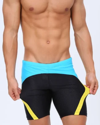 Blue & Black Tight Fit Swim Trunks with Yellow Stripes