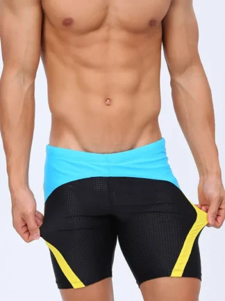 Blue & Black Tight Fit Swim Trunks with Yellow Stripes