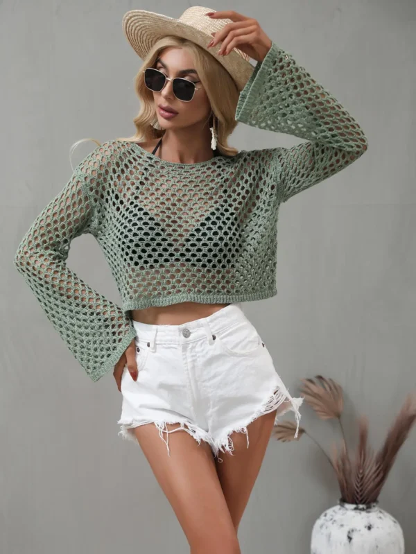 Mesh Flared Sleeve Cover-Up Crop Top