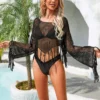 Fringe Trim Openwork Cover Up Crop Top