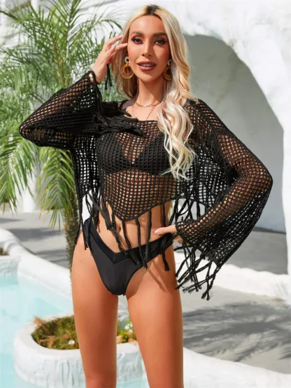 Fringe Trim Openwork Cover Up Crop Top