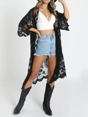 front-view-of-woman-wearing-a-black-crochet-cover-up-robe-kimono-3.webp Long Length Lace Cover-Up