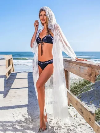 White Lace Maxi Cover-Up with Hood