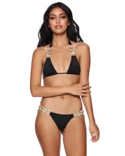 Bikini with Gems and Gold Chains in Black