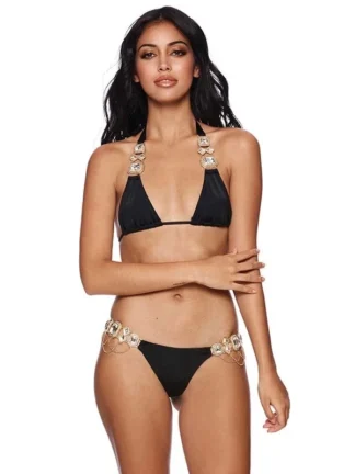 Bikini with Gems and Gold Chains in Black