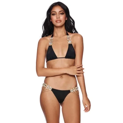 Bikini with Gems and Gold Chains in Black