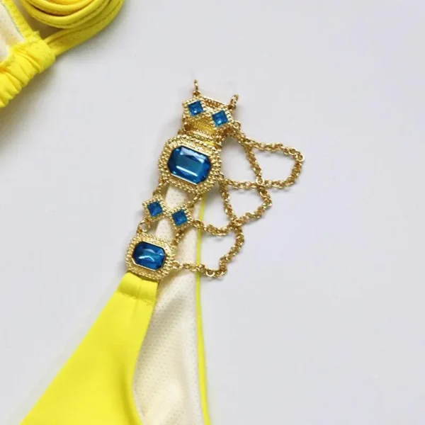 Bikini with Gems and Gold Chains in Yellow