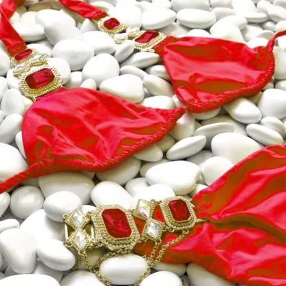 Bikini with Gems and Gold Chains in Red