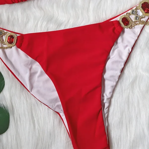 Bikini with Gems and Gold Chains in Red