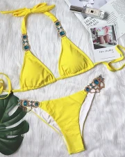 Bikini with Gems and Gold Chains in Yellow