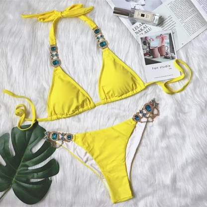 Bikini with Gems and Gold Chains in Yellow