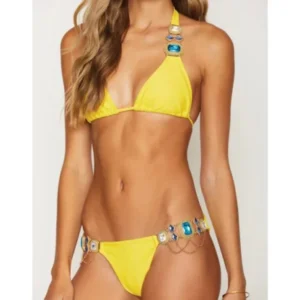 Bikini with Gems and Gold Chains in Yellow