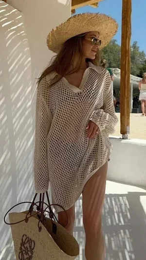Mesh Cover-Up Beach Dress with V-Neck Collar