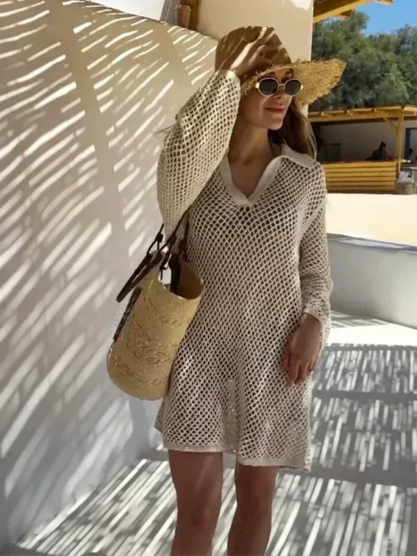 Mesh Cover-Up Beach Dress with V-Neck Collar