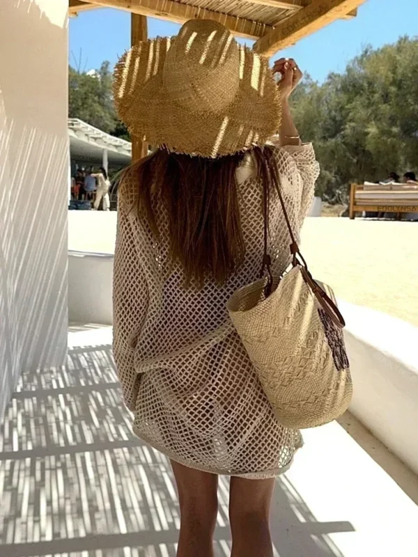 Mesh Cover-Up Beach Dress with V-Neck Collar