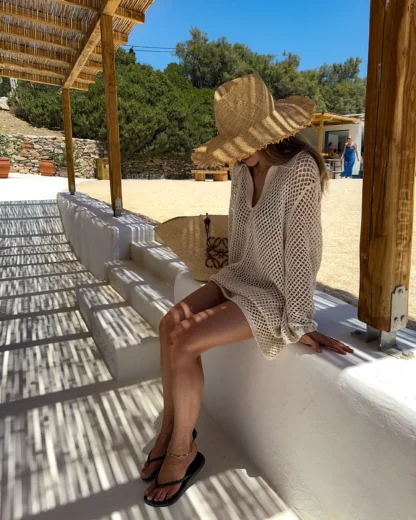 Mesh Cover-Up Beach Dress with V-Neck Collar