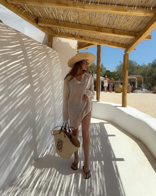 Mesh Cover-Up Beach Dress with V-Neck Collar