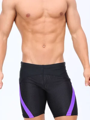 Black Tight Fit Swim Trunks with Purple Stripes