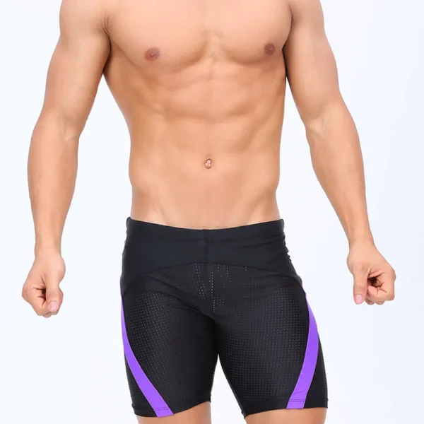 Black Tight Fit Swim Trunks with Purple Stripes