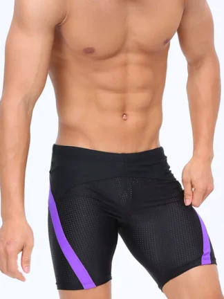 Black Tight Fit Swim Trunks with Purple Stripes