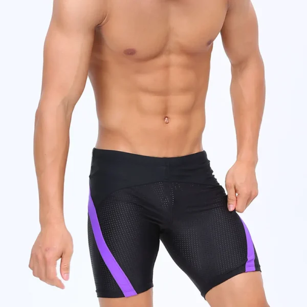 Black Tight Fit Swim Trunks with Purple Stripes