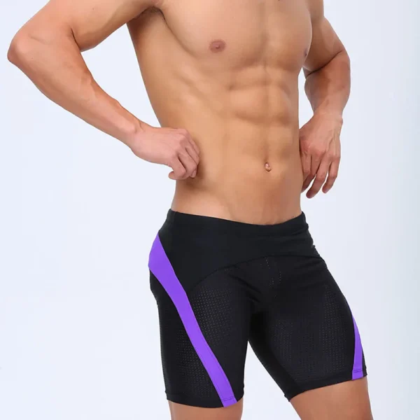 Black Tight Fit Swim Trunks with Purple Stripes