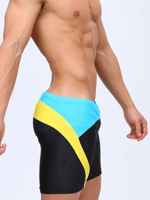 Blue & Black Tight Fit Swim Trunks with Yellow Stripes
