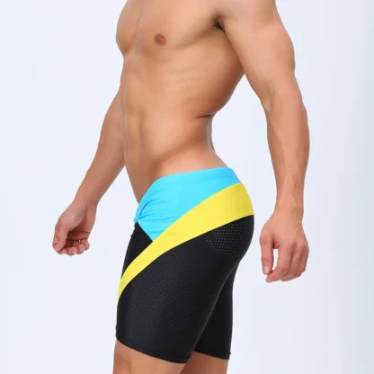 Blue & Black Tight Fit Swim Trunks with Yellow Stripes