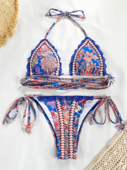 Paisley Bikinis - Pink Paisley on Blue Strappy Bikini