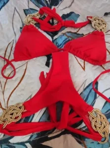 Woven Gold Red Bikini with Tie Sides photo review