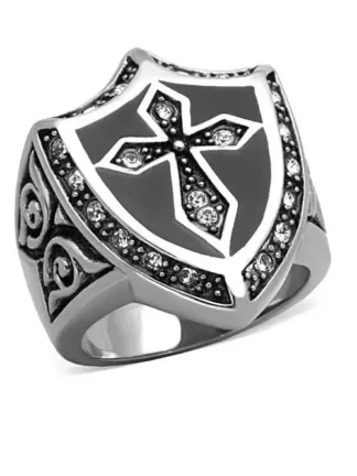 Stainless Steel Gothic Cross and Shield Ring