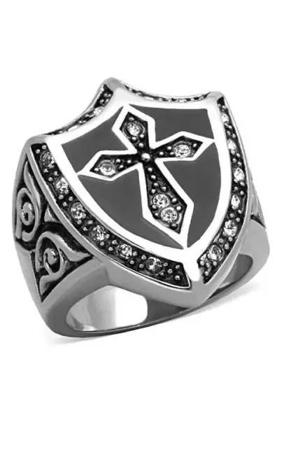 Stainless Steel Gothic Cross and Shield Ring
