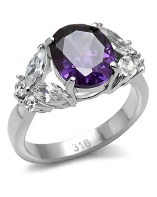 Stainless Steel Ring with CZ Stone in Amethyst