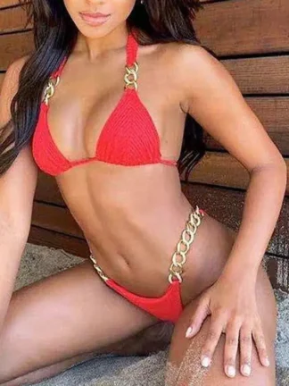 Textured Bikini with Gold Chains