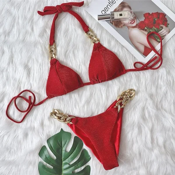 Textured Bikini with Gold Chains