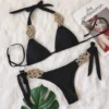 Woven Gold Olive Bikini with Tie Sides in black