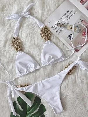 Woven Gold White Bikini with Tie Sides
