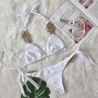 Woven Gold White Bikini with Tie Sides