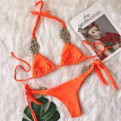 Woven Gold Olive Bikini with Tie Sides in orange