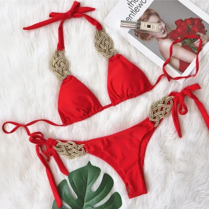 Woven Gold Olive Bikini with Tie Sides in red