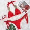 Woven Gold Olive Bikini with Tie Sides in red