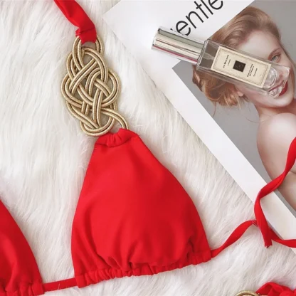 Woven Gold Olive Bikini with Tie Sides in red