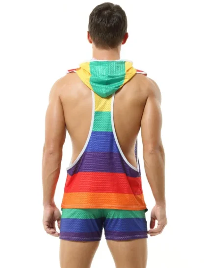 Back view of model in Rainbow Muscle Tank Hoodie