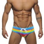 Men's Rainbow Swim Briefs with Light Blue Waistband front view
